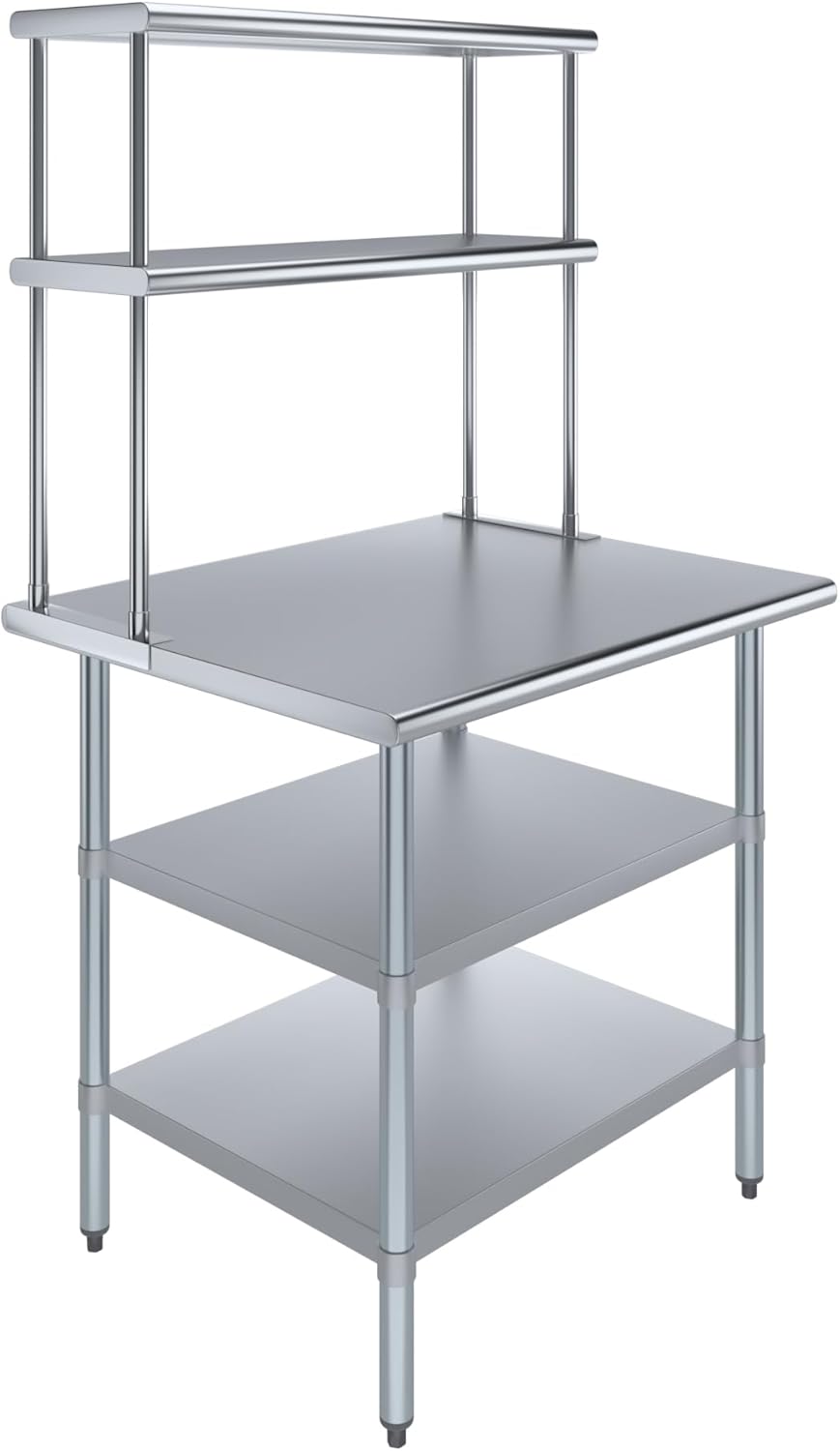 Amgood Stainless Steel Work Table with 2 Shelves | Metal Kitchen Prep Table & Shelving Combo (30" x 36" Table with 2 Shelves + 12" Overshelf)