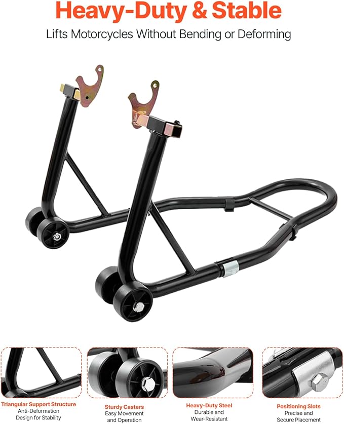 VEVOR Motorcycle Rear Wheel Stand, 850lbs/390kg Load Capacity Lift with U + L Fork Swingarm Spool, Heavy Duty Rear Wheel Stand Motorcycle Lift Jack Stand, for Suzuki Yamaha Honda Kawasaki, Black