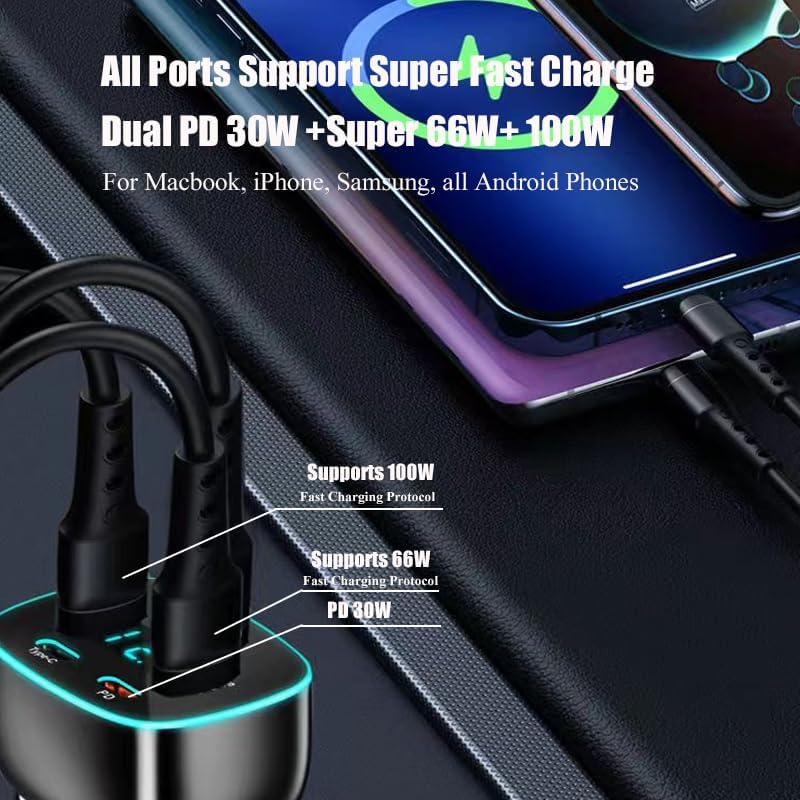 5 Port USB C Car Phone Charger with Voltage Display Dual PD 30W Super Fast for MacBook iPhone 16 15 Pro Max Samsung 100W Max Super for Huawei/Android Phones Cigarette Lighter Adapter with Volt Meter