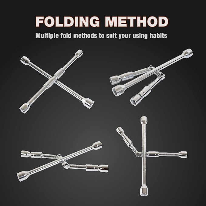 Folding Lug Wrench 4 Way,14-Inch SAE + Metric Tire Cross Wrench Universal and Foldable Wheel Wrench for Car,Trucks…
