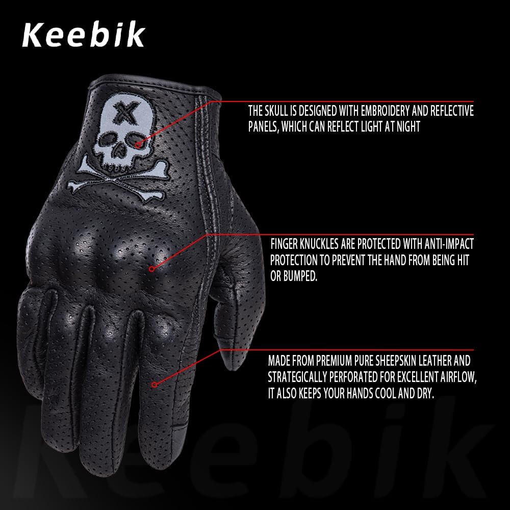 Goatskin Leather Motorcycle Motorbike Powersports Racing Gloves Reflective Skull Touchscreen for Men and Women Model
