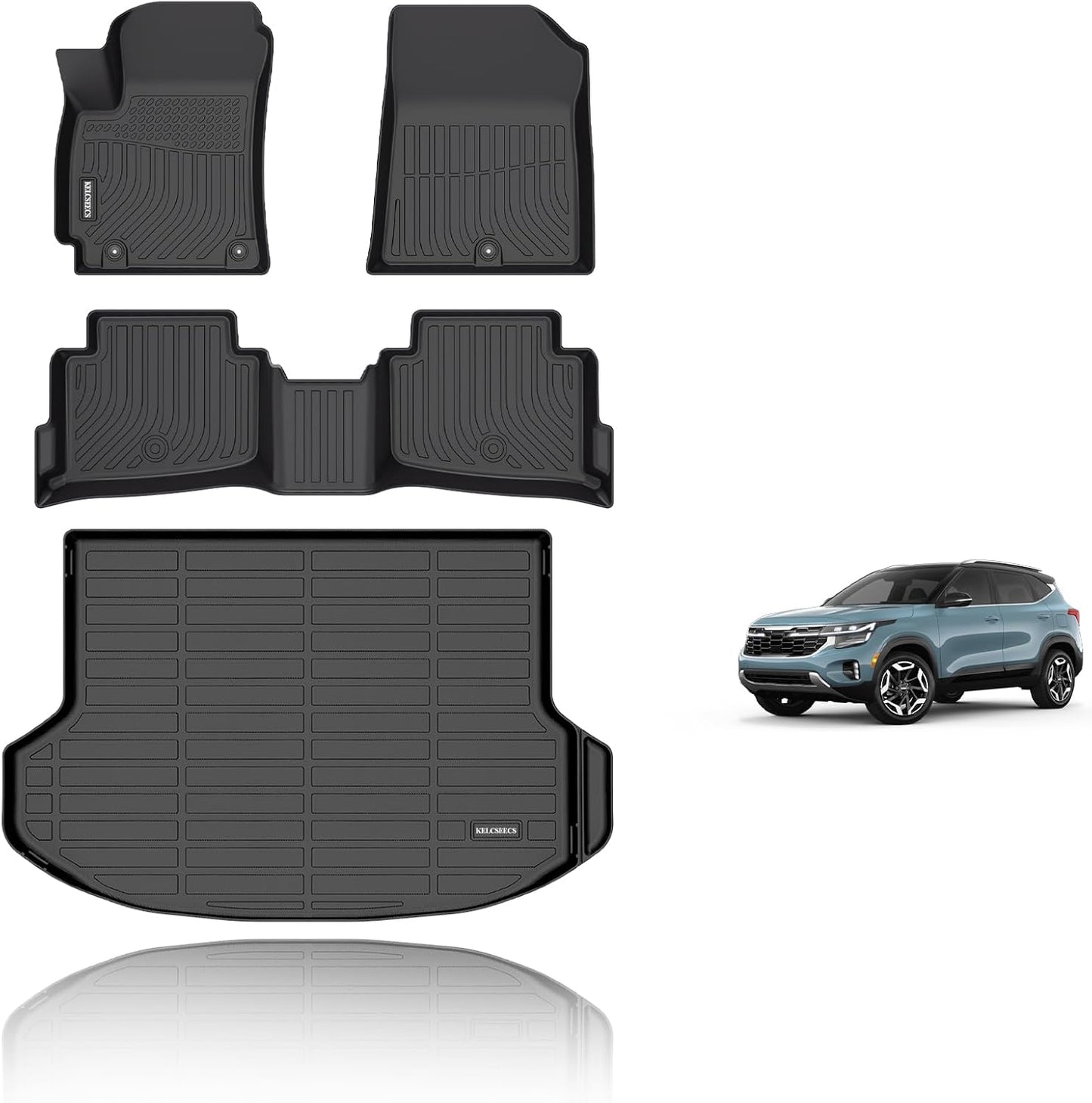 KELCSEECS Floor Mats & Cargo Liner Custom for 2024 2025 2026 Kia Seltos(Cargo Liner Only Fit The Upper Layer),All Weather Protection Anti-Slip TPE Floor Liners Full Set Kia Seltos Accessories Black
