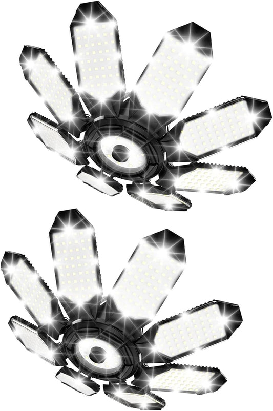 TANBABY 260W LED Garage Lights 2 Pack, Total 52000LM Deformable Best Ceiling Light with 8+1 Panels, E26/E27 Screw in Bulbs for Basement, Attic