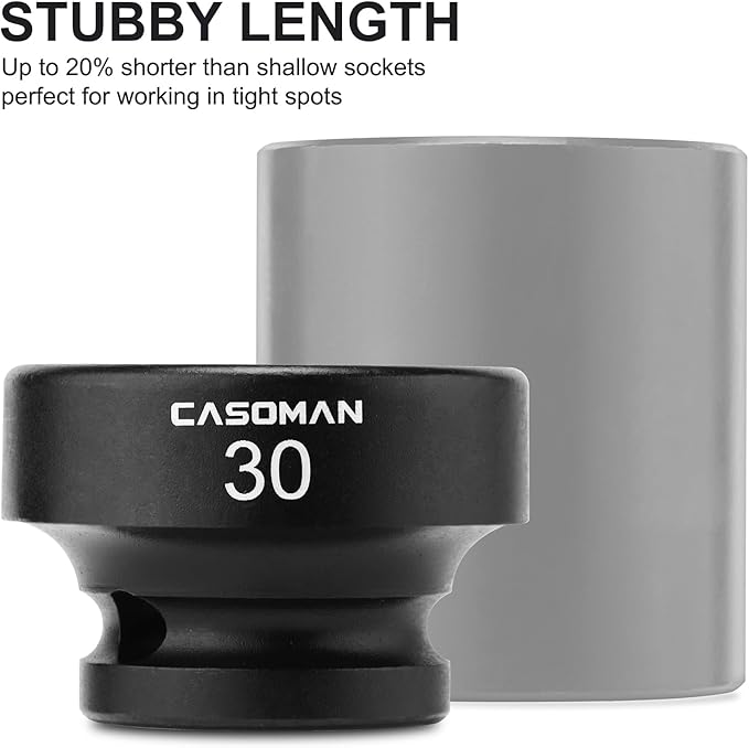 CASOMAN 1/2" Drive 30mm Stubby Impact Socket Set, 6-Point, 1.1" Length, CR-MO, Metric