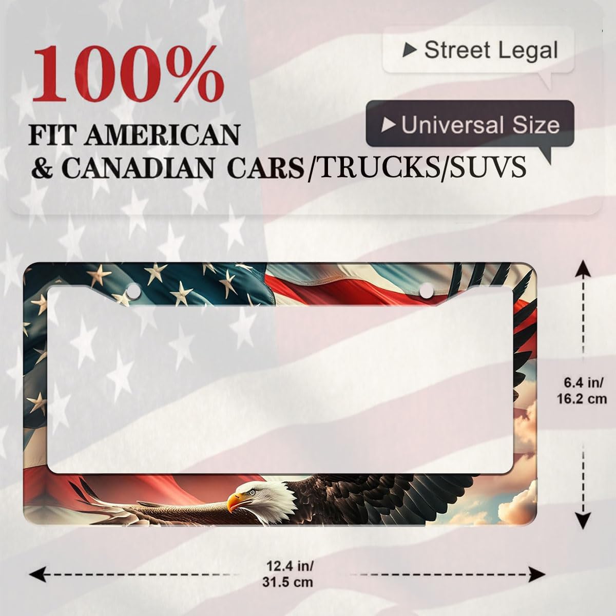 2 Pack US Flag Eagle Universal License Plate Frame - Heavy Duty Rustproof Aluminum Matte Black Car Tag Holder Bracket Fits All US States, Easy Install with Screws Included