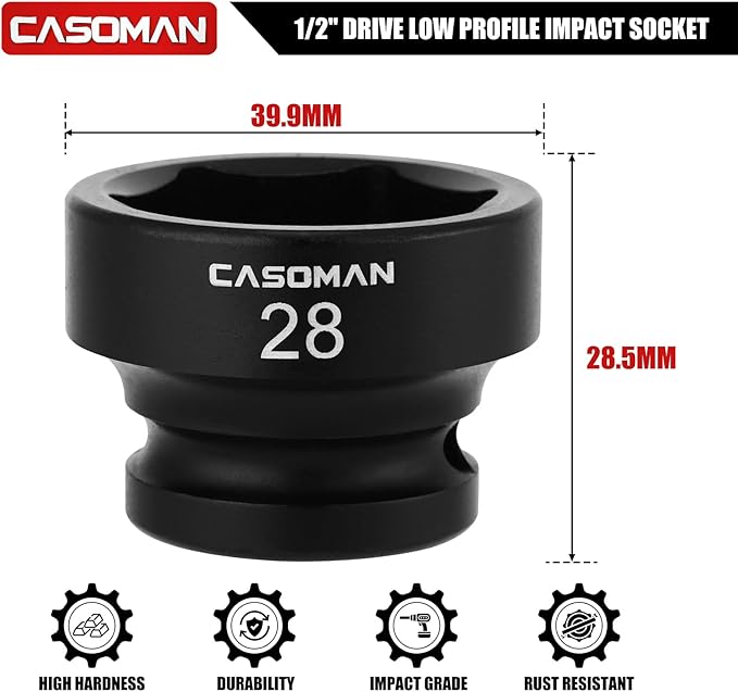 CASOMAN 1/2" Drive 28mm Stubby Impact Socket Set, 6-Point, 1.1" Length, CR-MO, Metric