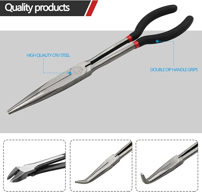 4-Piece 11" Extra Long Needle Nose Pliers Set with Insulated Comfort Grip, Straight Long Reach, 45/90°Bent Nose & Diagonal Pliers for Bending, Shaping & Trimming in Narrow Spaces