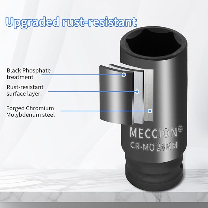 Meccion 1/2 Inch Drive Impact Socket 28mm Metric, 6 Point Cr-Mo Deep Impact Socket, 78mm Length