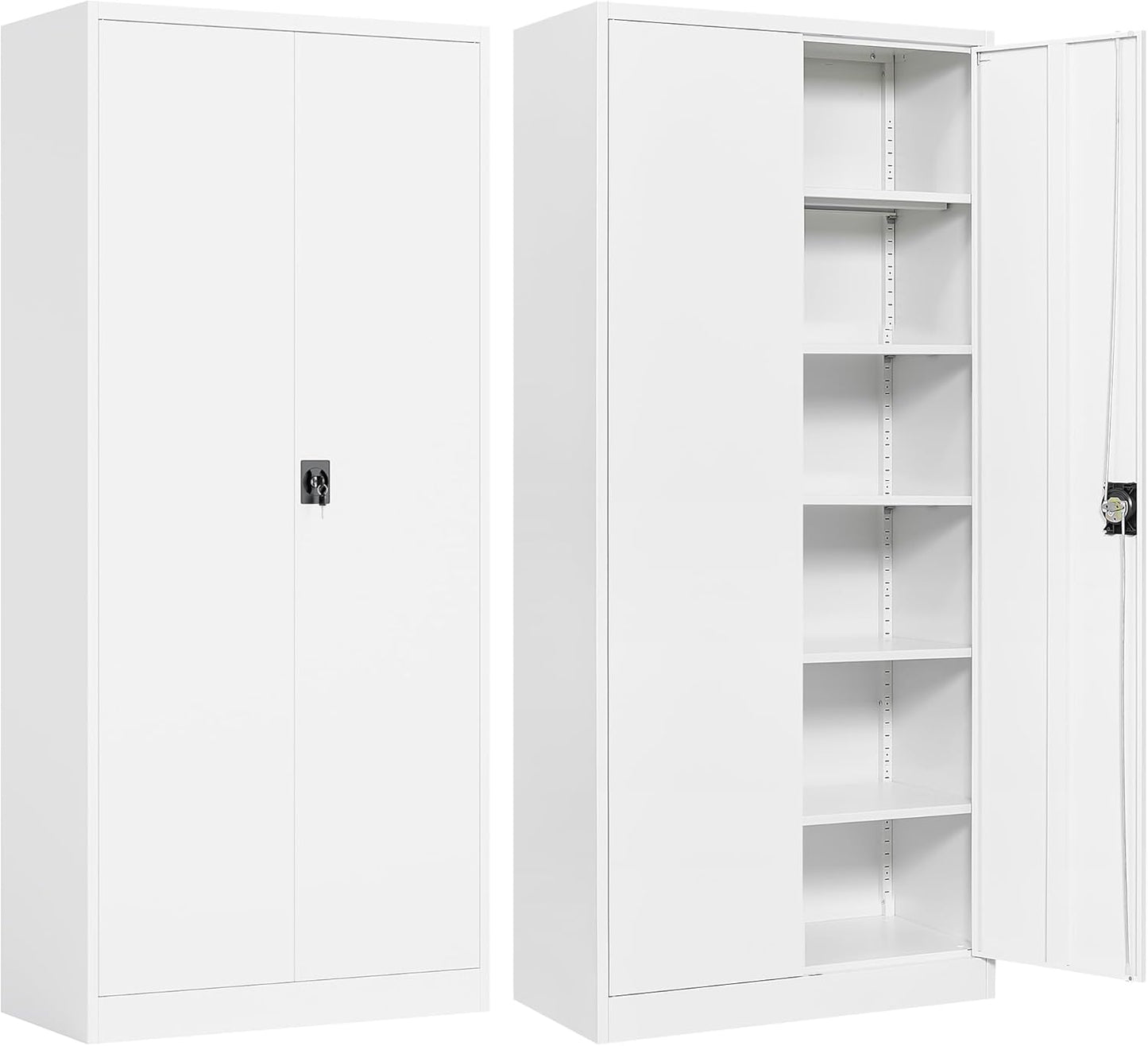 White Metal Storage Cabinet with 5 Adjustable Shelves,71" Tall Metal Cabinet with Locking Doors,Steel Cabinet with Lock,Lockable Storage Cabinets for Home,Office,Kitchen,Laundry,Pantry
