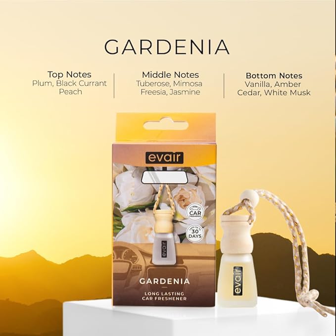 Evair Gardenia Scent For Car Air Freshener | Hanging Air Fresheners with Wooden Diffuser - Long Lasting Fragrance from Essential Oil - 2 Pack
