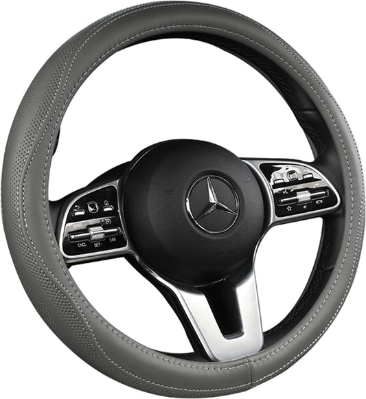 Cowhide Steering Wheel Cover Heat Resistant Anti-Slip Car Wheel Wrap Compatible with Most Makes and Models of Cars and Trucks with 14.5 to 15 Inch Steering Wheel(Gray)