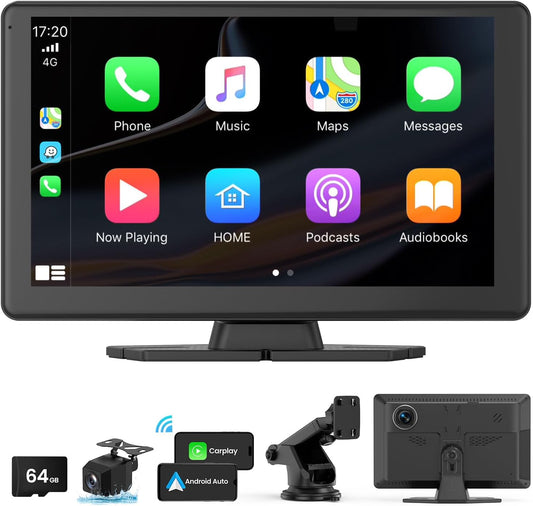 Wireless Carplay Screen for Car with 5K Dash Cam, 9" Portable Apple CarPlay & Android Auto Car Stereo with 1080p Backup Camera, Bluetooth/GPS Navigation/Voice Control/Mirror Link
