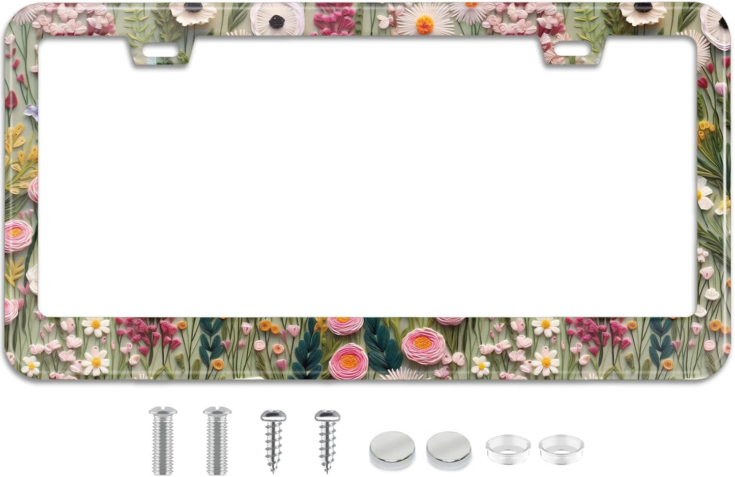 3D License Plate Frame Embroidered Floral Pattern Stainless Steel License Plate Frames Holder Covers Rust-Proof Auto Parts Decoration with Screws License Plate Holder for Car Accessories 12x6 Inch