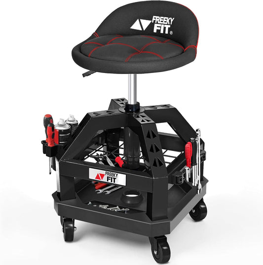 Rolling Shop Stool for Garage with Casters, DO02-Adjustable Height 360° Swivel Shop Seat with Tool Tray Storage, 330 LBS Capacity Padded Mechanic Stool, Magnetic Tool Hold, Heavy Duty, Black