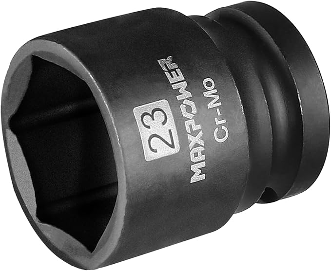 MAXPOWER 1/2 Inch Drive 23mm Standard Impact Socket, Made with Heat-Treated Chrome Molybdenum Steel, 6-Point Design, Metric
