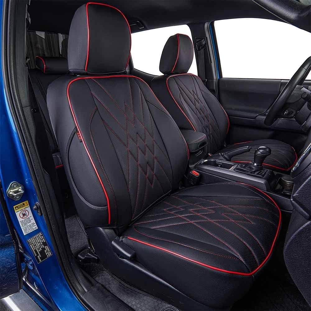 EKR Custom Fit Tacoma Leather Car Seat Covers for Select Toyota Tacoma 2012 2013 2014 2015 (Regular Seats)- Full Set,Leather(Black with Red Trim)