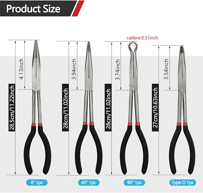 4 Pack 11" Precision Long Nose Pliers Set, Insulated Comfort Grip - Straight Needle Nose, 45/90 Degree Curved & Circle Tools for Wire Bending, Shaping, Trimming