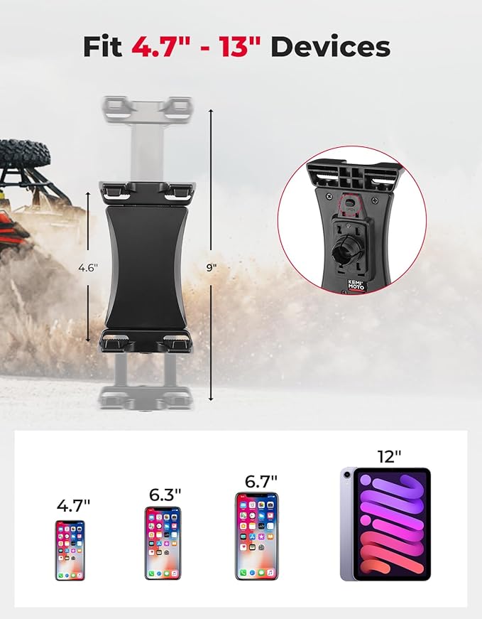 KEMIMOTO UTV Phone Mount ATV Holder, Fit 4.7"-13" Phone & Tablet, 360° Adjustable Heavy Duty, Compatible with Can-Am Maverick X3 Outlander Polaris RZR Sportsman Kawasaki Talon Viking