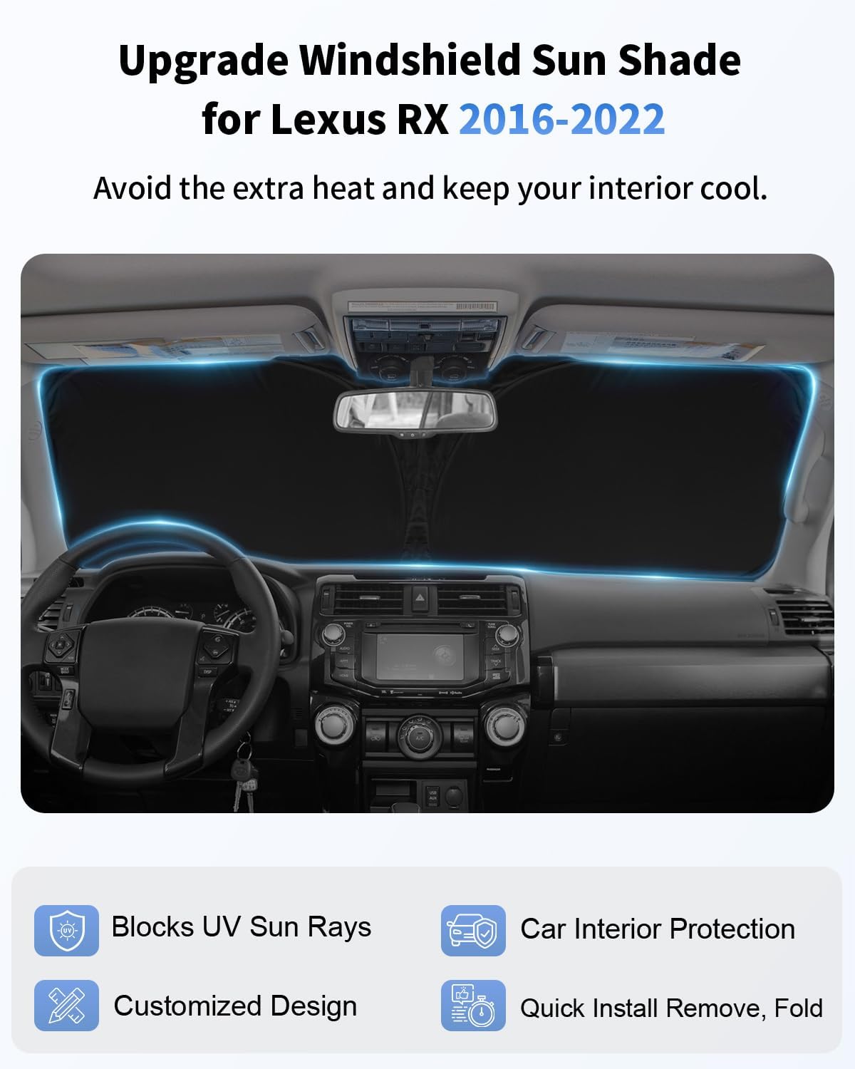 Sun Shade for RX350 Windshield Sunshade Front Window Shield Custom Fit for Lexus RX 2016-2022 Accessories Sun Visor for for Lexus RX 2016-2022 Protector Foldable Blocks UV Rays Heat