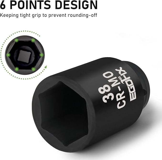 1/2" Drive Deep Impact Socket, 38mm Metric Socket, CR-MO 6 Point for Easy Removal of Axle Nut