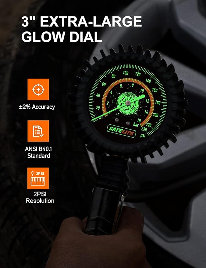 SAFELIFE Tire Pressure Gauge with Inflator 230PSI - Heavy Duty Air Chuck and Compressor Accessories with 17.7" Rubber Hose, Large 3" Easy Read Glow Dial for Truck and RV