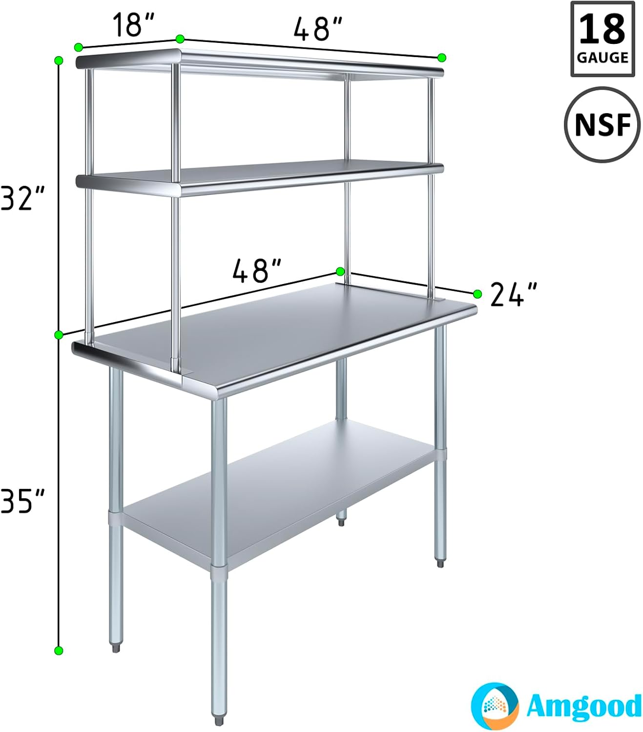 Amgood Stainless Steel Work Table Double Tier Overshelf | Metal Kitchen Prep Table & Shelving Combo | NSF (24" x 48" Work Table + 18" Overshelf)