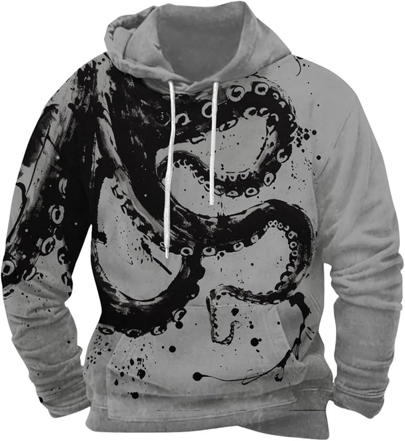 Mens Animal Print Graphic Hoodies Casual Long Sleeve Japanese Art Style Hooded Sweatshirt Lightweight Pullover Tops