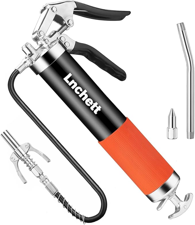 Lnchett Grease Gun with Quick Release Coupler, 9000 PSI Professional Heavy Duty 14 oz Pistol Grip Grease Gun with 18 Inch Spring Flex Hose, 1 Extension Rigid Pipe and1 Sharp Nozzle Included
