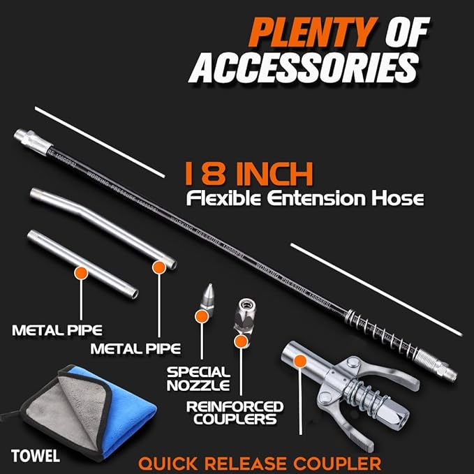 Lnchett Grease Gun with Quick Release Coupler and Towel, 9000 PSI Professional Heavy Duty 14 oz Grease Gun with 18 Inch Spring Flex Hose, 1 Reinforced Coupler, 2 Extension Rigid Pipe and1 Sharp Nozzle