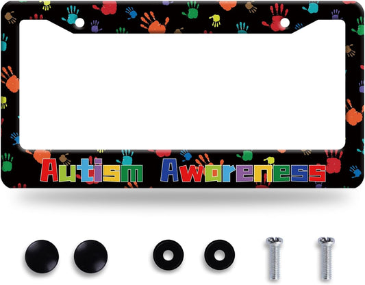 Autism Awareness License Plate Frame Colorful Handprint License Plate Frames Stainless Steel Accessories Cars Decor with 2 Holes and Screws Fits Standard US CA Vehicles Size 12.2 x 6 Inches