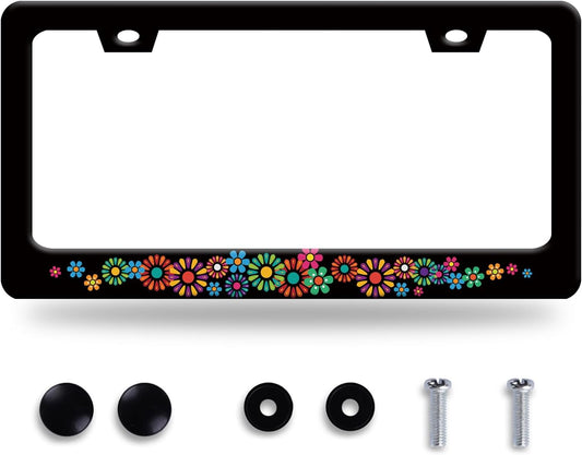Colorful Hippie Flowers License Plate Frame Beautiful Floral License Plate Frames Stainless Steel Accessories Cars Decor with 2 Holes and Screws Fits Standard US CA Vehicles Size 12.2 x 6 Inches