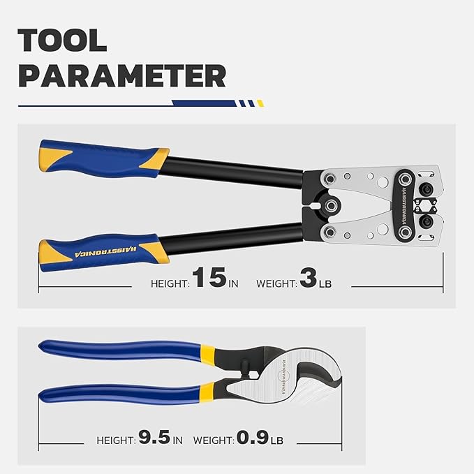 haisstronica Heavy Duty Battery Cable Crimping Tool Kit-Ratchet Hex Extended Handle Crimper for 8,6,4,2,1,1/0 AWG Copper Lugs with Cable Cutter, 32PCS Copper Lugs&Heat Shrink Tubing