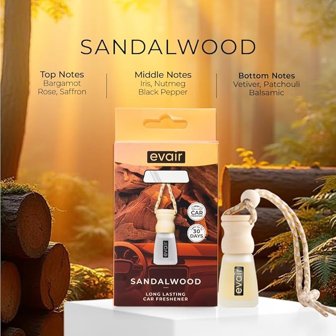 Evair Sandalwood Scent For Car Air Freshener | Hanging Air Fresheners with Wooden Diffuser - Long Lasting Fragrance from Essential Oil