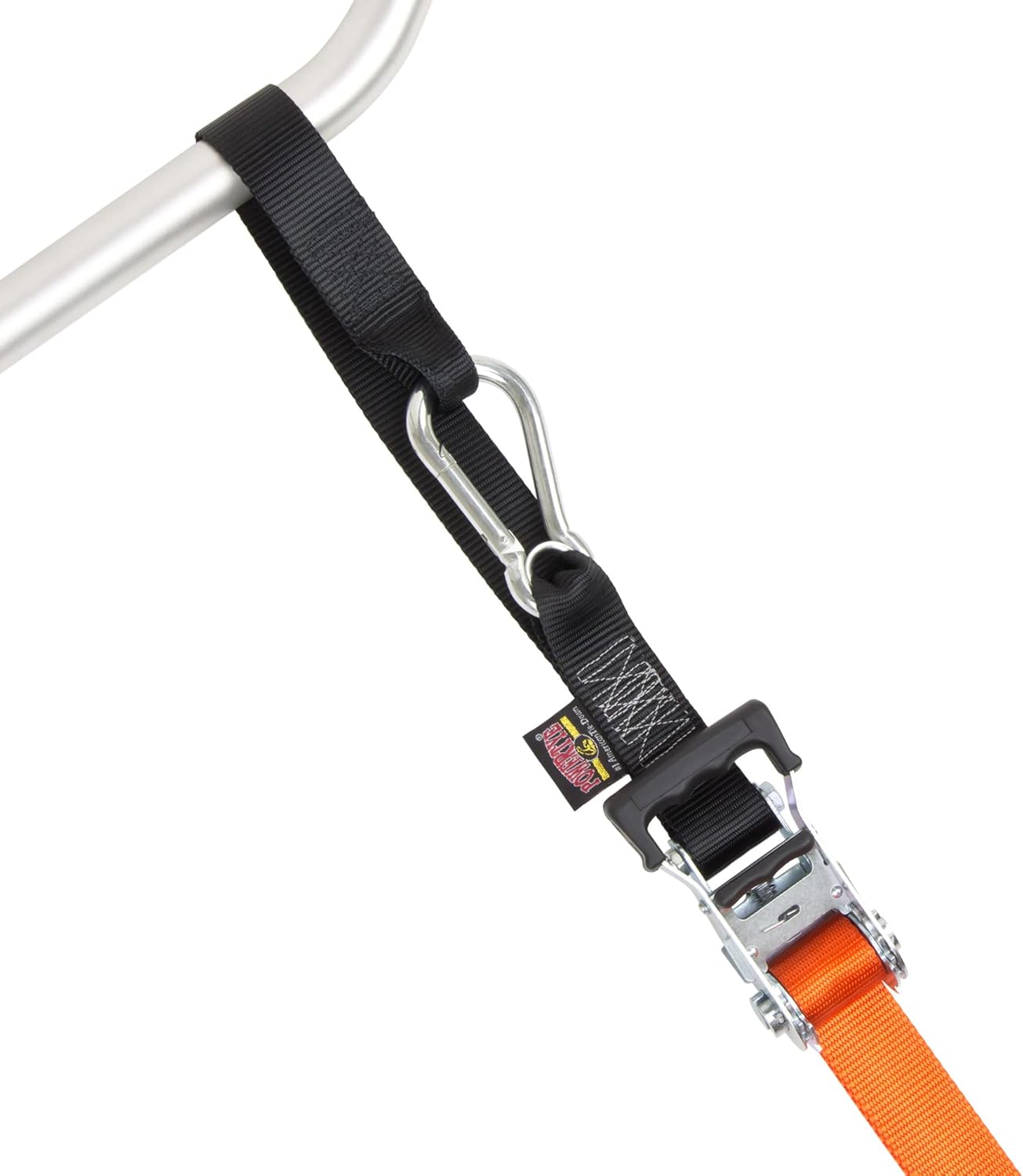 PowerTye 1.5in x 6.5ft Heavy Duty Ratchet Tie-Down Straps with Soft-Tye, Carabiner Hooks - 1,000 lb Working Load Limit / 3,000 lb Breaking Strength - Made in USA - Orange/Black Pair + Storage Bag