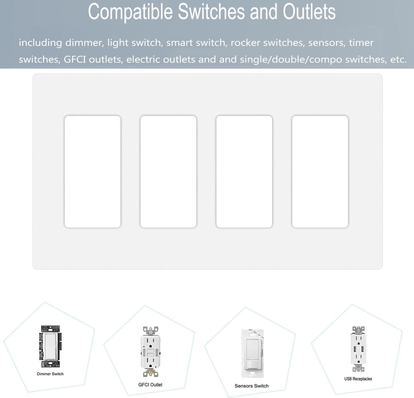 4-Gang Screwless Decora Wall Plate Cover Switch Outlet Electrical Faceplate for Light Switche, Smart Switch, Receptacle, Dimmers, USB Outlet, GFCI, Child Safe Cover Plate, White (6-Pack)