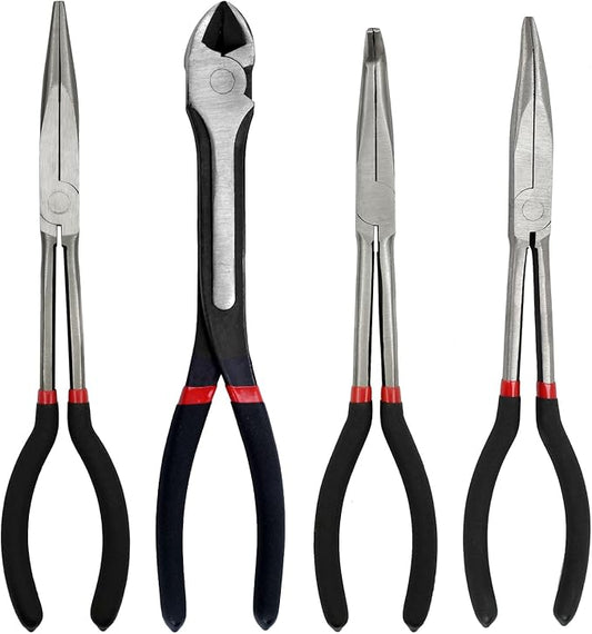 4-Piece 11" Extra Long Needle Nose Pliers Set with Insulated Comfort Grip, Straight Long Reach, 45/90°Bent Nose & Diagonal Pliers for Bending, Shaping & Trimming in Narrow Spaces