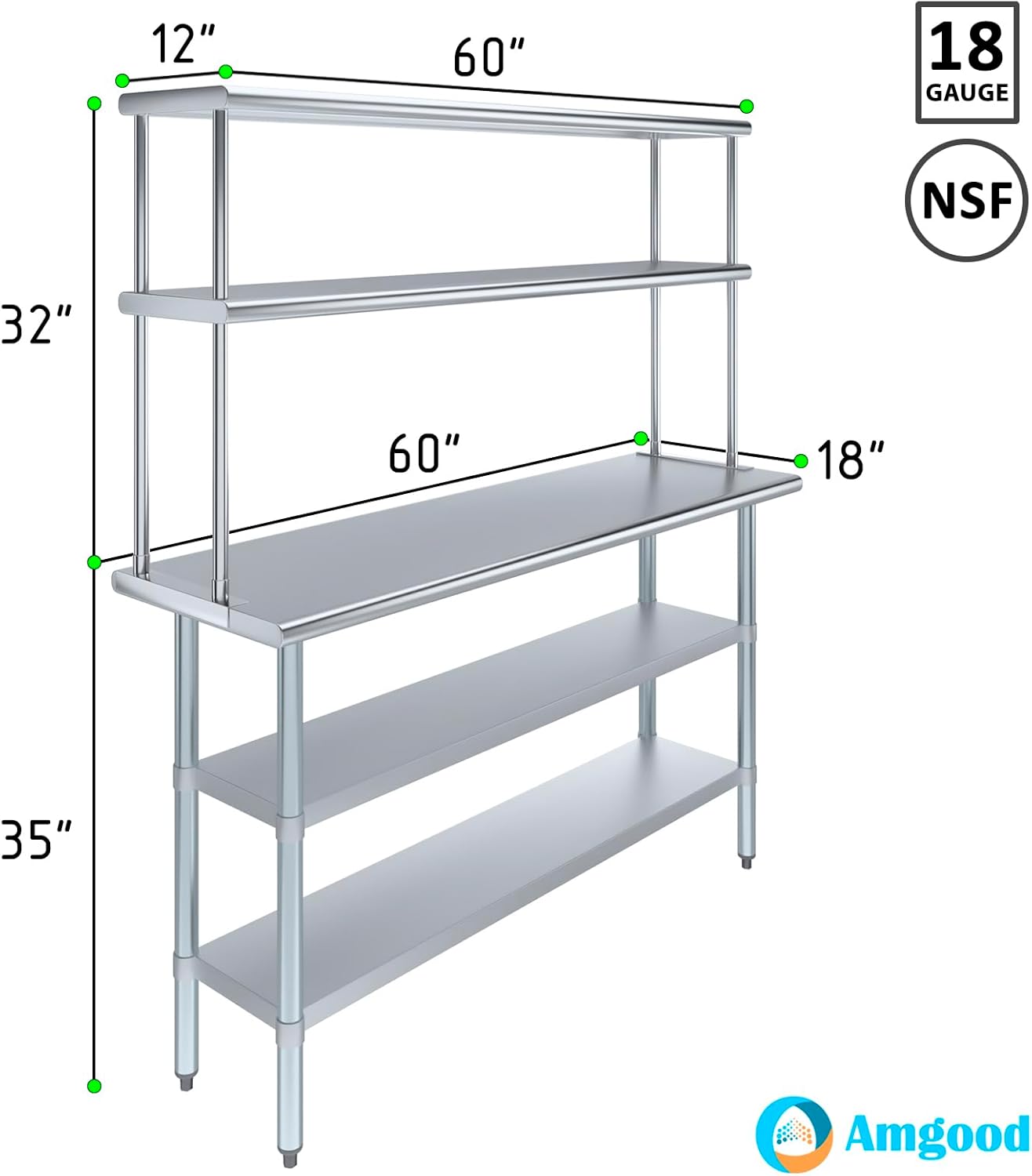 Amgood Stainless Steel Work Table with 2 Shelves | Metal Kitchen Prep Table & Shelving Combo (18" x 60" Table with 2 Shelves + 12" Overshelf)