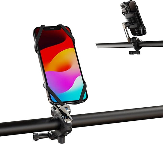 Rcool Universal Bike Phone Mount Holder,with Buckle Mount Base, 360°Rotation Four Corner Fixation for Bicycles Scooter eBike Dirt Road Cruiser Jogging Stroller Torch Light Dash Cam，Silver