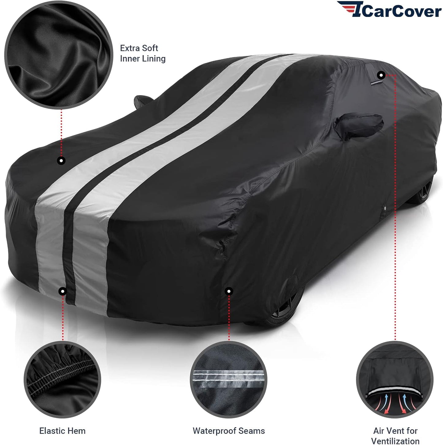 iCarCover Custom Car Cover Compatible with Charger 2006-2024, Waterproof All-Weather Rain Snow UV Sun Protector Full Exterior Indoor Outdoor Car Covers, Stripe (Black/Gray)