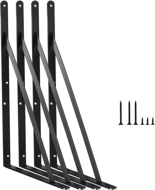 4 Pack L16 x H 10" Black Heavy Duty Shelf Brackets with Screws Metal Shelf Brackets Shelf Support Angle Brackets for Shelves L Brackets Heavy Duty Floating Shelf
