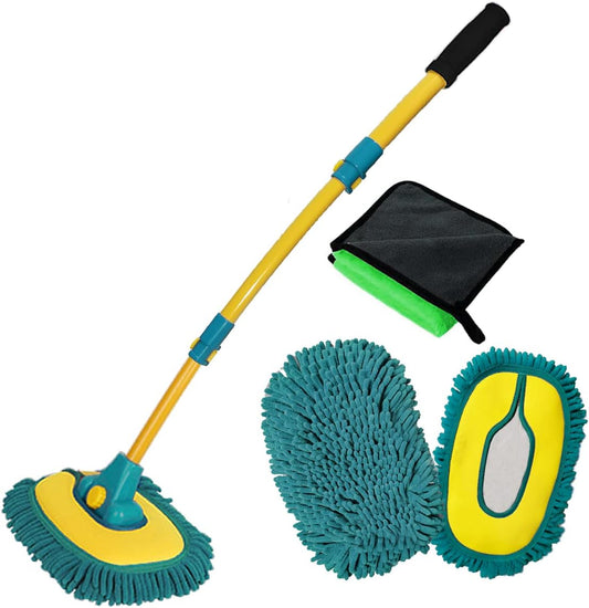Car Wash Brush with Long Handle, Car Wash Mop Mitt with 2 Replacement Head , Extension Pole Car Brush Cleaning Kit for Cars Trucks