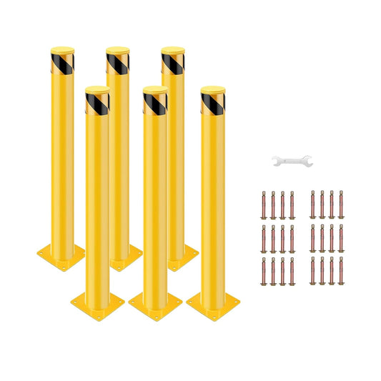 6 Pack Safety Bollard Post, 48 Inch Height 4.5 Inch Diameter Yellow Pipe Safety Steel Bollards with Anchor Bolts and Wrench, Steel Bollards for Road Warning Construction Traffic Control