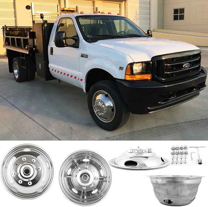 4pcs 19.5" Polished Stainless Steel Dually Wheel Simulators, Nice Looking and Durable Bolt On Wheel Cover,8 Lug Hubcaps Fit for Ford 1999-2004 F450/F550 Truck with Installation Tool Kit C19F8