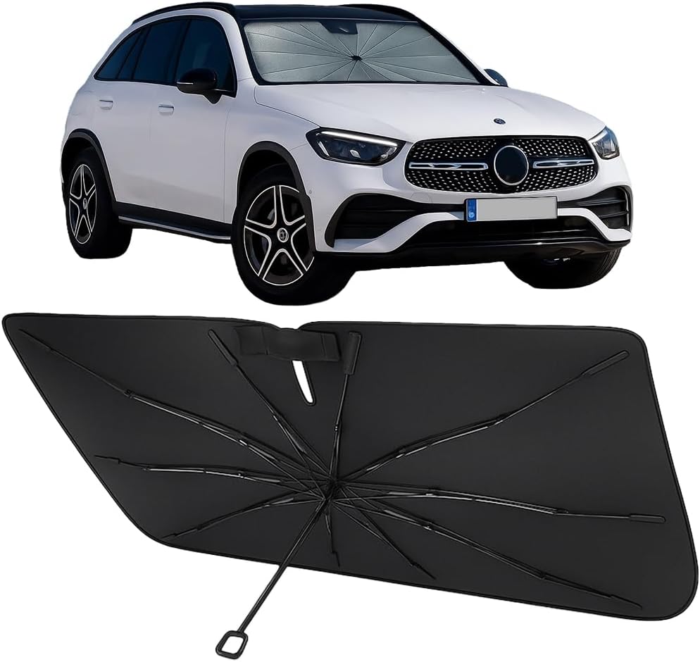 Proadsy Windshield Sun Shade Umbrella for Mercedes-Benz GLC 2023-2025 Foldable Car Umbrella Sunshade with Soft TPU Handle Spring Structure Crystal Cooling Material Protect Car from Rays & Heat