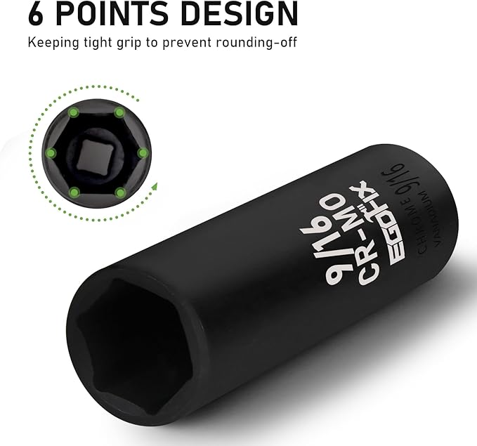 3/8" Drive Deep Impact Socket, 9/16 Inch SAE Socket, CR-MO 6 Point for Easy Removal of Axle Nut