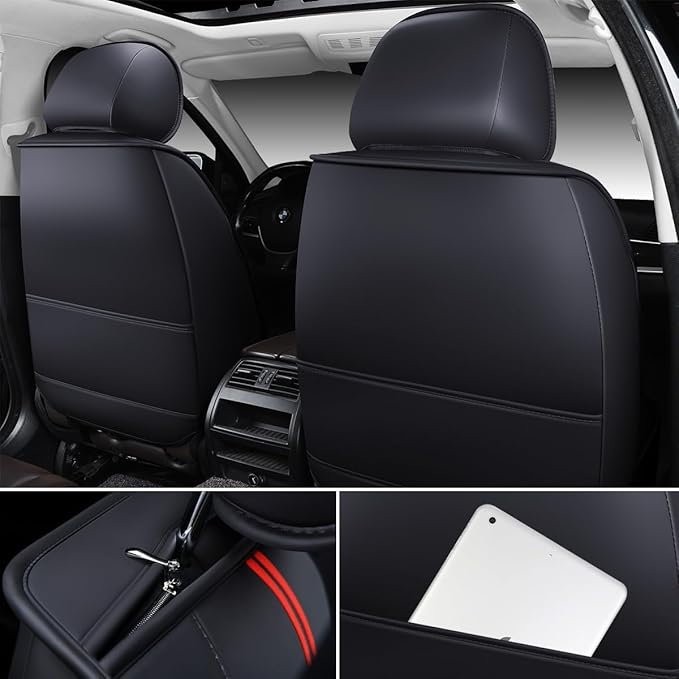 OASIS AUTO Car Seat Covers Full Set Premium Waterproof Faux Leather Cushion Universal Accessories Fit SUV Truck Sedan Automotive Vehicle Auto Interior Protector (OS010-Black&Red)