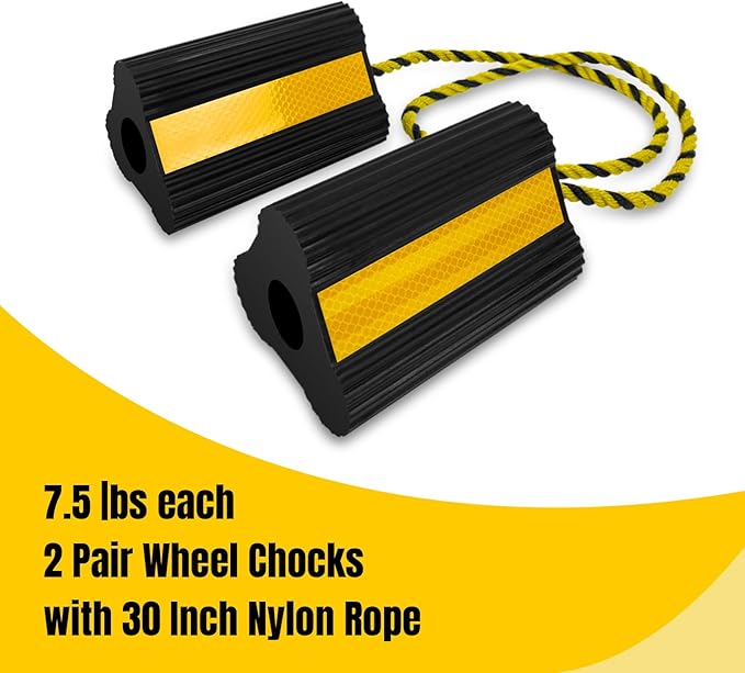 Wheel Chocks (2pair/4pack with Rope) for RV Trailer Camper Truck Car Aircraft, Versatile Heavy Duty Rubber Wheel Chocks Block with 3 Reflective Strips, Tire Wheel Immobilizers & Chocks