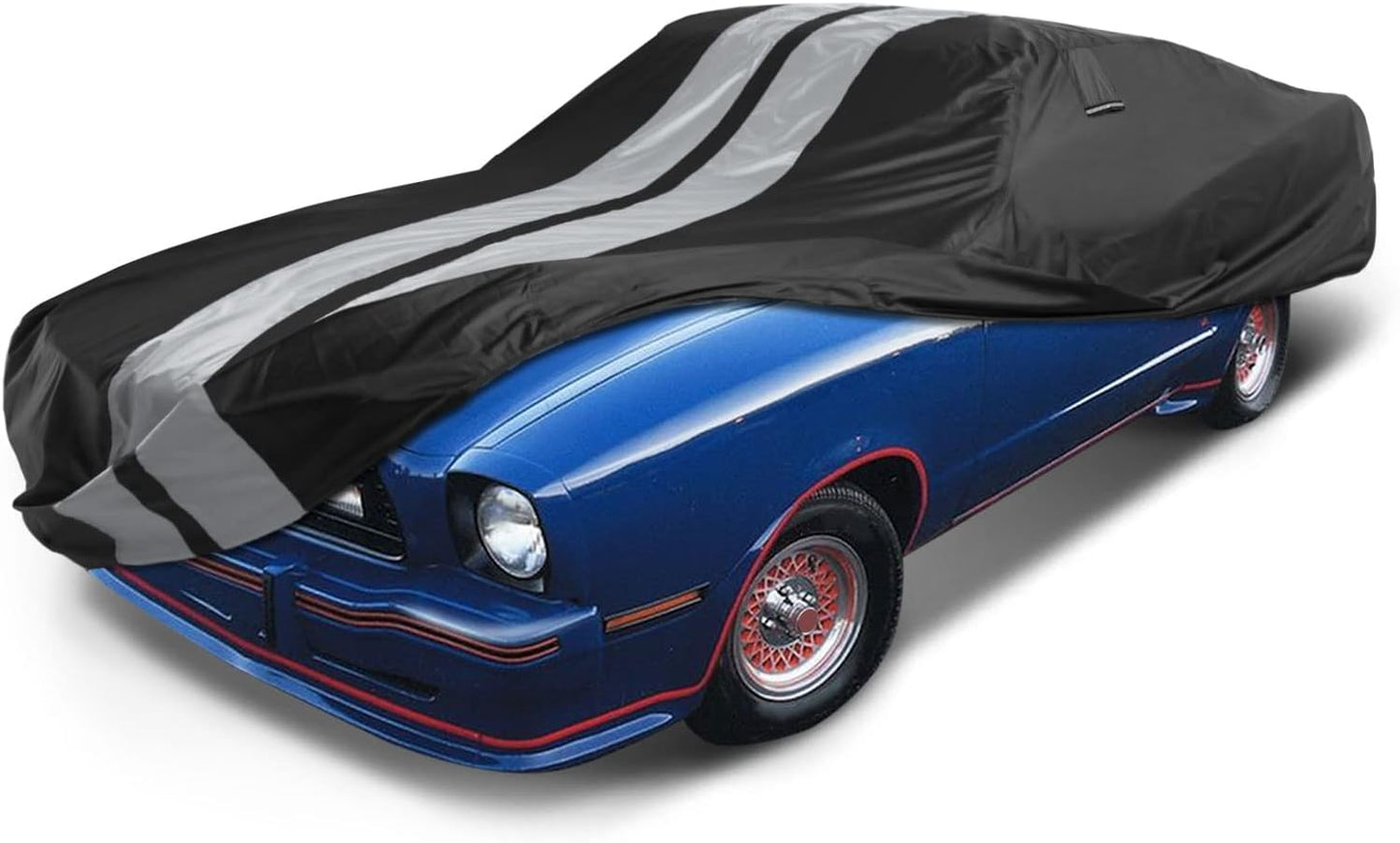 iCarCover Custom Car Cover for 1974-1978 Ford Mustang Waterproof All Weather Rain Snow UV Sun Protector Full Exterior Indoor Outdoor Car Cover (Stripe - Black/Gray)