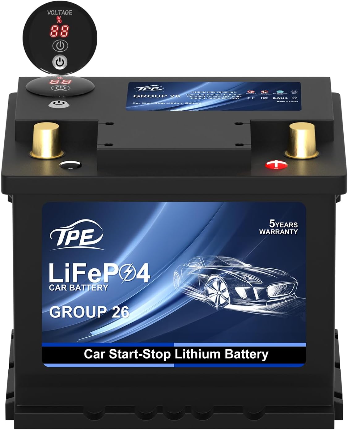 TPE Car Start Stop System BCI Group26 LiFePO4 Lithium-ion Battery 12.8V 800A Lightweight High Performance Battery Battery Level Display Left Negative Right Positive