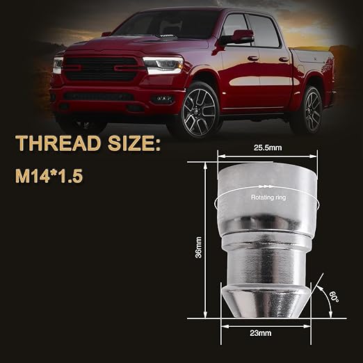 M14 x 1.5mm Wheel Locks, Fit for Ram 1500, Ram 2500, Ram 3500, F-150, F-250, F-350, Expedition, Wheel Locks Set, 4 Locking Lug Nuts 2 Pcs Key with 32Pcs Spike Lug Nuts+1 Key, Chrome